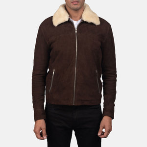 <b>Men's</b> Brown <b>Suede</b> Bomber <b>Jacket</b> With Faux Fur Collar Zipper Closure Casual Winter Wear Slim Fit Regular Length - Product Image 5