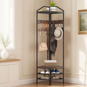 Perchero Industrial de 4 Niveles con 8 Ganchos Móviles y 2 Estantes, Perchero Esquinero Rústico Marrón con Almacenamiento para Zapatos para el Pasillo - Product Image 2