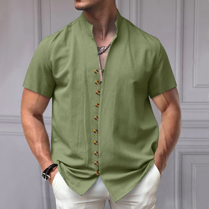 Casual Men's Camisa Hombre Button Down Solid Color Stand-Up Collar Short Sleeve <b>Summer</b> <b>Shirt</b> Male - Product Image 1