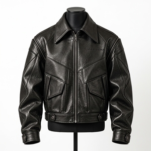 Men Black <b>Leather</b> Jacket <b>Wide</b> Collar Utility Pocket <b>Belted</b> Zip Detail Fashion Motorcycle Jacket Custom - Product Image 3