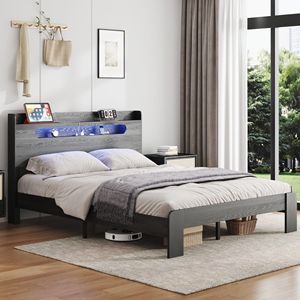 Letto matrimoniale in legno con piattaforma, testiera illuminata a LED e contenitore, 2 USB, silenzioso, non richiede rete a molle - Product Image 3