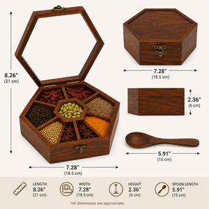 Boîte à épices artisanale en bois de rose avec couvercle en verre, cuillère en bois, 7 compartiments, conteneur de rangement pour épices, fermeture en laiton, boîte à masala de cuisine - Product Image 6