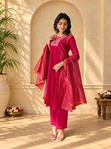Women <b>Magenta</b> Embroidered Kurta Palazzo 3 Piece Set Square Neck Dupatta Elegant Ethnic Wear - Product Image 3