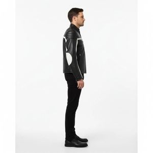 Chaqueta de Motociclista Personalizada para Hombre, de Cuero Vacuno Genuino, Estilo Racing en Blanco y Negro, con Cierre YKK - Product Image 3