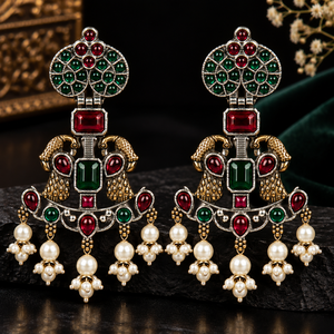 Expédition rapide, boucles d'oreilles pendantes bohèmes en argent oxydé bicolore, motif paon, serti de perles, cadeau pour elle - Product Image 6