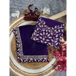 Sari de soirée de créateur avec broderie de paillettes et bordure en dentelle - Product Image 1