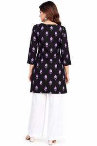 Robe longue à manches longues et col carré pour femme, imprimé floral noir, en polyester et rayonne tissée, style décontracté et ethnique, Kurti court pour femme - Product Image 2