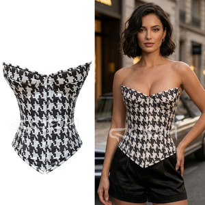 Corsé Sublimado con Estampado de Pata de Gallo en Blanco y Negro, con Varillas de Acero y Cierre Frontal - Product Image 2