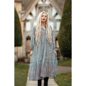 Robe longue bohème pour femme, imprimé cachemire, coupe moderne, manches longues cloche, style caftan vintage, décontractée, plage, 100% lin - Product Image 1