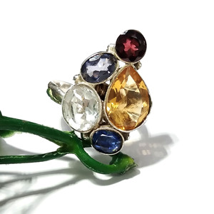 Natural Citrine Garnet Blue Kyanite White Topaz Multi Gemstone 925 Sterling Silver Bohemian Style Certified Statement <b>Ring</b> - Product Image 3
