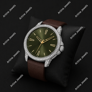Montre de soirée avec lunette sertie de diamants |   Montre de luxe à cadran vert avec bracelet en cuir marron |   Montre en Moissanite Sertie de Pierres - Product Image 2