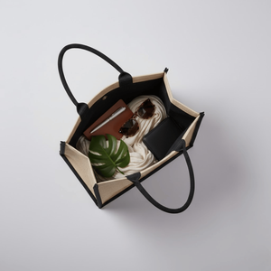 Sac fourre-tout en jute laminé bio avec logo personnalisé, design bicolore élégant, fermeture éclair avec fenêtre en PVC, sac de shopping réutilisable et écologique - Product Image 4