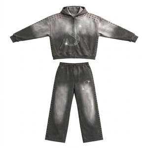 OEM Custom Own Brand Screen Print Acid Wash Tracksuit 400 450 500 600 Gsm Sweatsuit Men 100% Organic Cotton Streetwear Tracksuit - Product Image 1