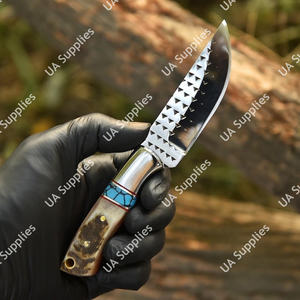 Couteau de chasse et de dépecage professionnel forgé à la main, lame fixe en corne de bélier et pierre turquoise, affûté comme un rasoir, 58 HRC, pour la survie - Product Image 4