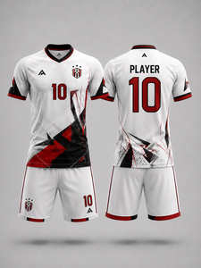 Ensemble de maillots de football personnalisés pour hommes, blanc, rouge, noir, uni, imprimé numérique en relief, col en V, manches courtes, respirant, polyester, adulte - Product Image 1