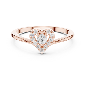 Bague de fiançailles tendance en or rose plaqué avec halo de diamants de laboratoire en forme de cœur pour femme, avec pierre centrale ronde et design cœur pavé - Product Image 1