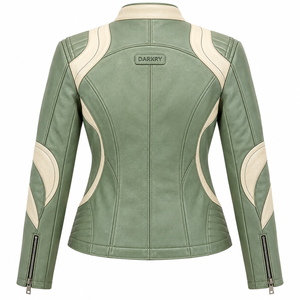 Veste en cuir d'agneau véritable pour femme, couleur vert sauge, col montant, panneau incurvé, style motard, coupe ajustée, fermeture éclair, vêtement d'extérieur - Product Image 2
