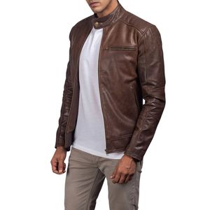 Veste en cuir véritable marron pour homme, col montant décontracté, fermeture éclair, manteau d'automne - Product Image 6
