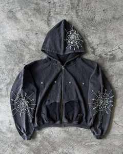 Sweat à capuche zippé unisexe effet délavé avec strass soleil céleste, gris et rouge vintage 2026, coupe oversize, style streetwear Y2K, haut scintillant - Product Image 2