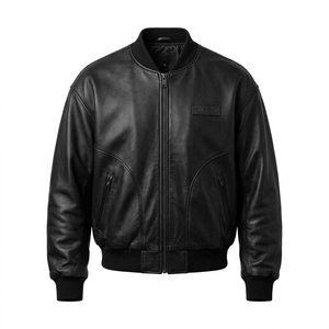 Black Real Cowhide Leather Bomber Jacket Mens Quilted Winter <b>Warm</b> Casual Urban Varsity Zip Up Outerwear Custom Factory Vendor - Product Image 1