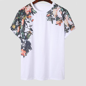 Men's <b>White</b> Floral Print Short Sleeve T-Shirt O-Neck Regular Fit Casual Jersey Cotton Breathable Summer <b>Tee</b> - Product Image 1