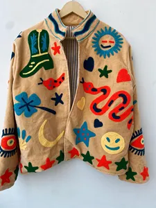 Chaqueta de Terciopelo Boho Hecha a Mano para Mujer, con Motivos Occidentales Coloridos Bordados, Cuello Alto, Manga Larga, Chaqueta de Primavera para Mujer - Product Image 5