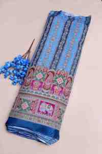 Tissu en crêpe bleu roi en gros, textile imprimé motif éléphant et paon majestueux, matière de luxe pour robe avec bordure cachemire - Product Image 3