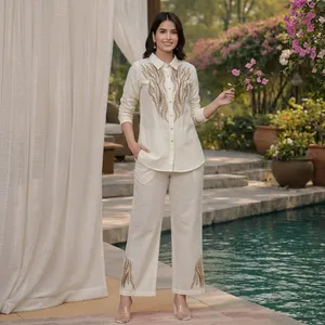Women's <b>Linen</b> Embroidered 2-Piece <b>Set</b> Three Quarter Sleeve Loose Fit Casual Spring Summer Wear - Product Image 3