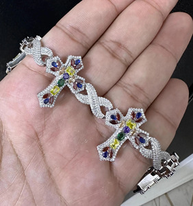 RB Gems Custom 925 Sterling Silver Romantic Style VVS Diamond Gemstone <b>Bracelet</b> Cross Iced Cuban Link Chain Fine Charm Jewelry - Product Image 6