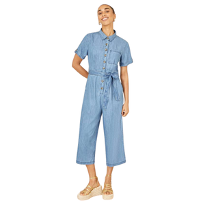Mono vaquero casual para mujer con cinturón y pierna ancha, servicio mayorista OEM ODM de fábrica - Product Image 1