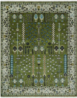 Tapis sur mesure noué à la main en laine/soie, design Oushak, vert olive, de luxe, à poils coupés et courts, motif floral, style persan et turc |   1 pièce |   PET