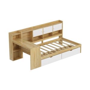 Letto a giorno multifunzionale a L in legno con sette armadietti e due cassetti, letto per bambini con scrivania integrata - Product Image 4