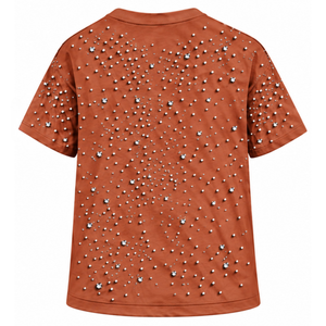 Camiseta Unisex Color Naranja Óxido con Cuentas de Perlas, Moderna, de Manga Corta, Cuello Redondo, Decorada con Perlas, para Ropa Urbana y Uso Diario Informal - Product Image 2