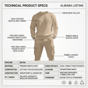 AL SWANS INTERNATIONAL <b>Men's</b> Waffle Knit Crew Neck Sweatshirt Set Beige Casual Winter <b>Joggers</b> Two Piece Outfit <b>Thermal</b> - Product Image 3