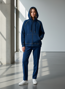 Sweat à capuche zippé bleu premium pour homme, avec surpiqûres contrastées, en coton épais, style streetwear, coupe oversize, unisexe, vierge - Product Image 5