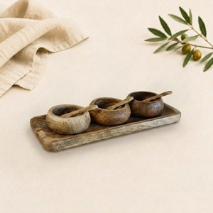 Handcrafted Natural Mango Wood <b>Condiment</b> Set of 3 Serving Bowls with Spoons and <b>Tray</b> Eco-Friendly Wooden Spice Storage for Home - Product Image 4