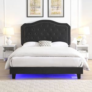 Letto con Piattaforma Illuminata a LED in Velluto Nero, Design Curvo Trapuntato, Facile Montaggio con Robusto Supporto a Doghe in Legno - Product Image 3