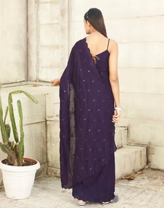 Sari morado KV bordado con blusa sin coser - Product Image 3
