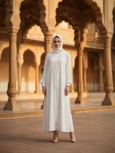 Abaya blanche à manches longues, longueur ras du sol, col montant, robe modeste en coton pour femme, tenue quotidienne du Moyen-Orient, couleur unie, coupe ample - Product Image 3