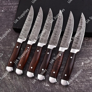 Custom Handmade Damascus Steel 6 Pcs Full Tang Partial Serrated Steak Knives Set <b>BBQ</b> Knives OEM Customizable Wholesale Best - Product Image 3