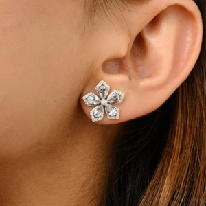 18K Gold Plated Aquamarine Flower Stud <b>Earrings</b> with Diamond Pearl & Zircon Accents - Product Image 1
