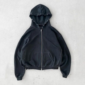 Sweat à capuche unisexe personnalisé 100% coton tissé avec fermeture éclair, effet vieilli, délavé à l'acide, teint uni, broderie 3D, impression flocage, séchage rapide, coupe ample - Product Image 5