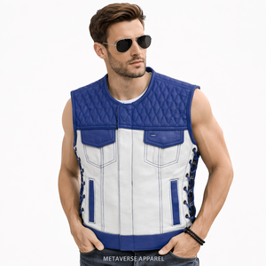 Chaleco de Motocicleta para Hombre, Azul y Blanco, Acolchado, de Poliéster/Algodón, Transpirable, para Verano, con Cierre de un Botón, Estilo Casual para Motociclistas - Product Image 1