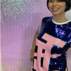 Jack and Jill Women <b>Sequin</b> Jersey <b>T</b> <b>Shirt</b> Short Sleeve Crew Neck Oversized Number Design Sparkle Athletic Fashion Casual Party - Product Image 3