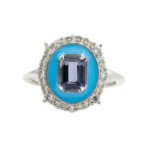 Premium Luxury 925 Sterling Silver Rhodium Finish <b>Blue</b> Turquoise Halo Cocktail <b>Ring</b> with Sparkling CZ Stones Certified for Women - Product Image 2