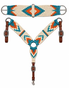 EQUIPO: Conjunto de Cinturón y Pechera para Caballo de Cuero Trenzado y Lana, Patrón Geométrico Marrón con Hebillas Concho, de Uttar Pradesh - Product Image 1