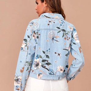 Chaqueta vaquera con estampado floral para mujer, estilo camionero, corta, con cuello vuelto, manga larga, top corto blanco a juego, estilo primavera - Product Image 4