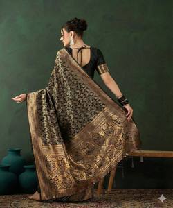 NOUVELLE ARRIVÉE Saree en Soie Lichi avec Pallu Riche et Broderie Jacquard, Blouse Non Cousue, Tenue de Fête, Vêtement Ethnique, Prix de Gros, Noir - Product Image 4