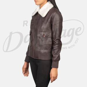 Chaqueta Bomber de Cuero Genuino Marrón Borgoña para Mujer, con Cuello de Piel Sintética Blanca, Corte Ajustado, Piel de Oveja Premium, Chaqueta de Piloto para Invierno - Product Image 5