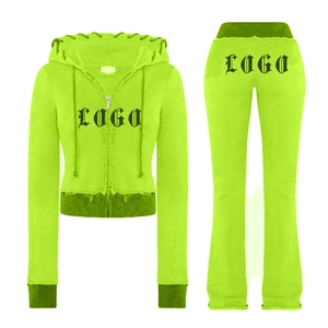 Ensemble sweat à capuche et pantalon en tricot vert pour femme, avec logo personnalisé imprimé, vêtement décontracté à manches longues, fermeture éclair sur le devant, motif lettres - Product Image 1